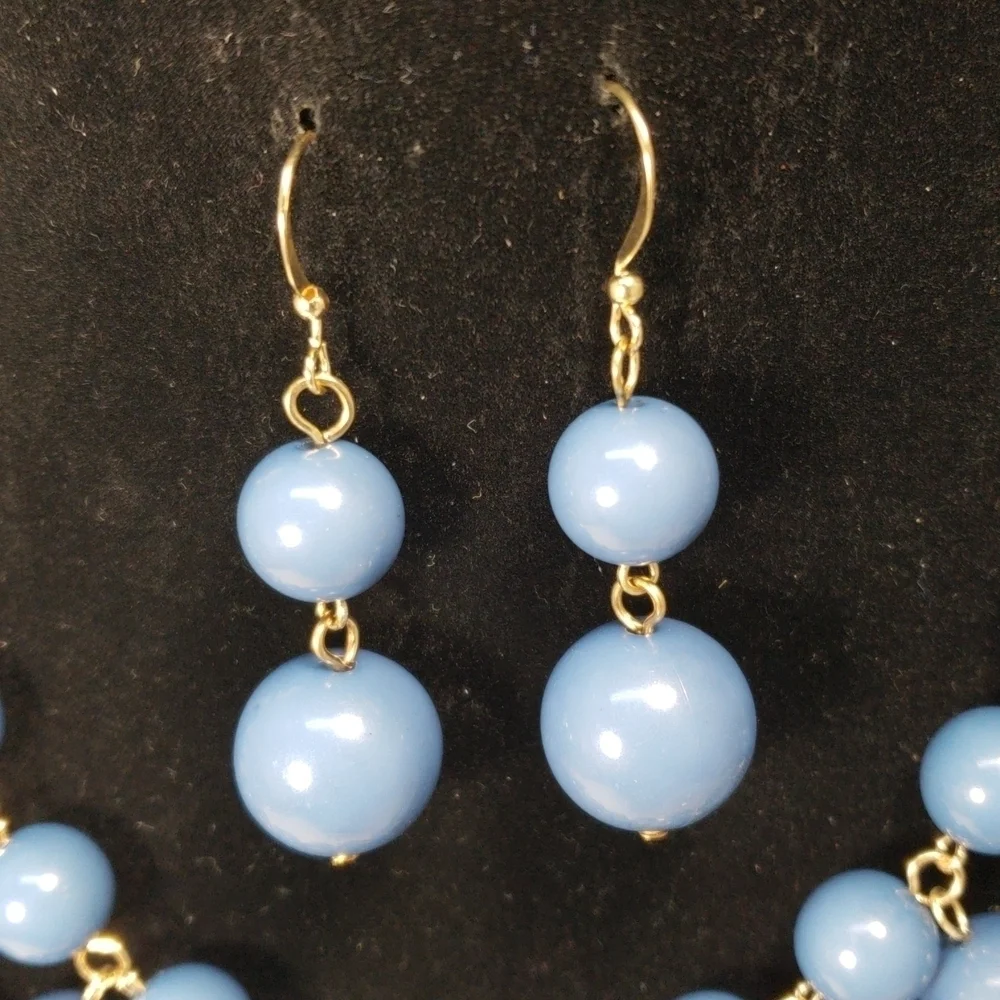 Blue Beaded Necklace & Earrings Set with Gold Links – Statement Evening Jewelry